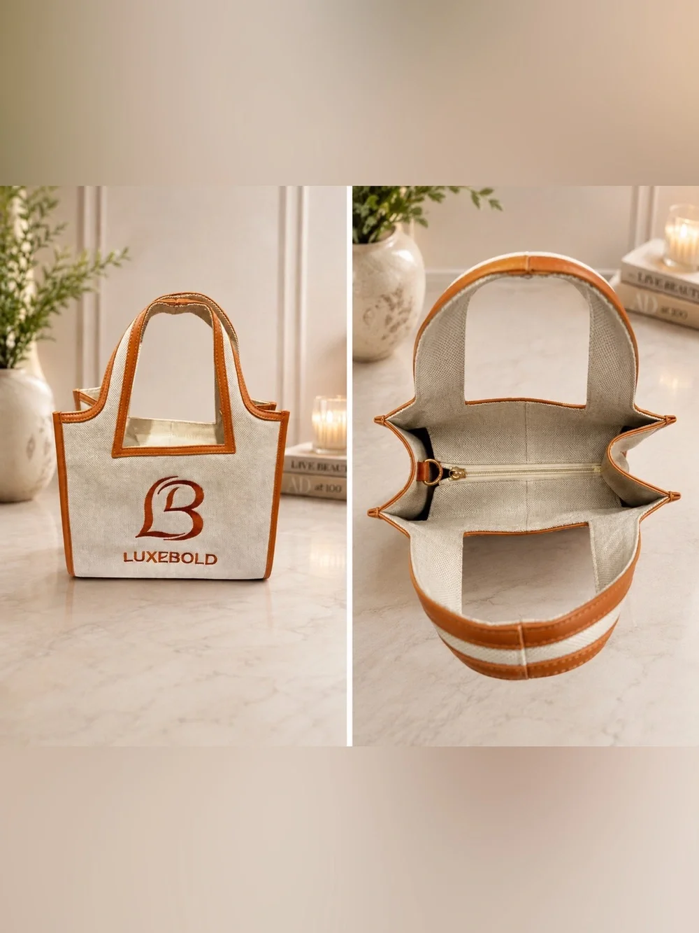 Luxebold Beige Canvas & Tan Leather Trim Tote
